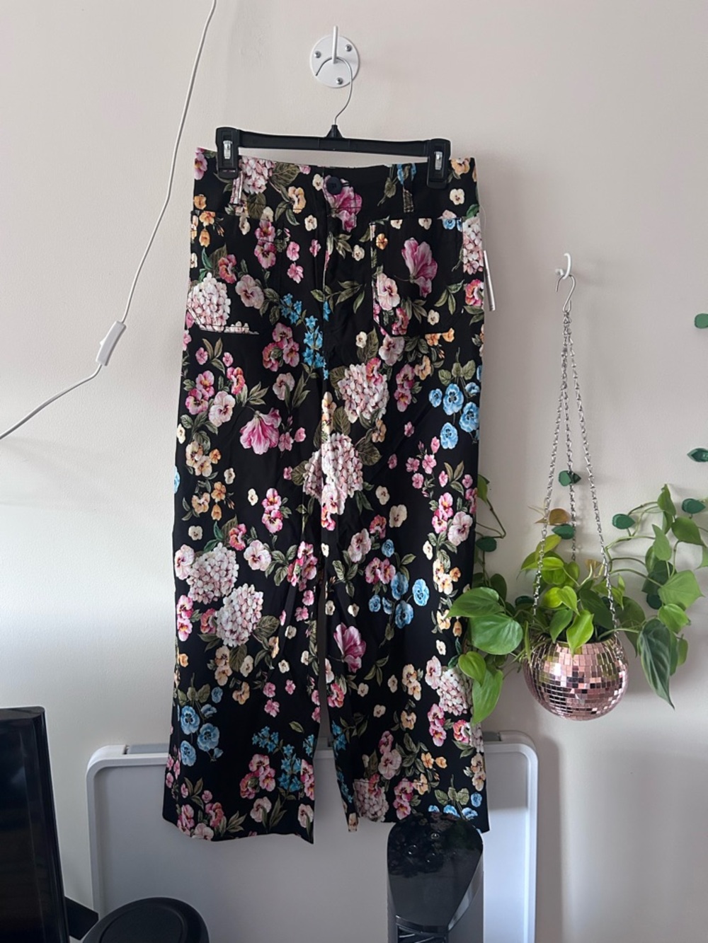 Anthropologie Black Floral Wide-Leg Pants with Pink, Cream & Blue Blooms